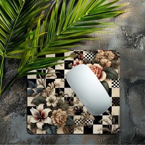 Hand Crafted Black and Cream Floral Checkered Mouse Pad